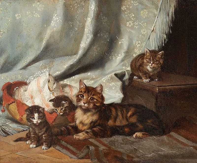 Gatto con tre gattini